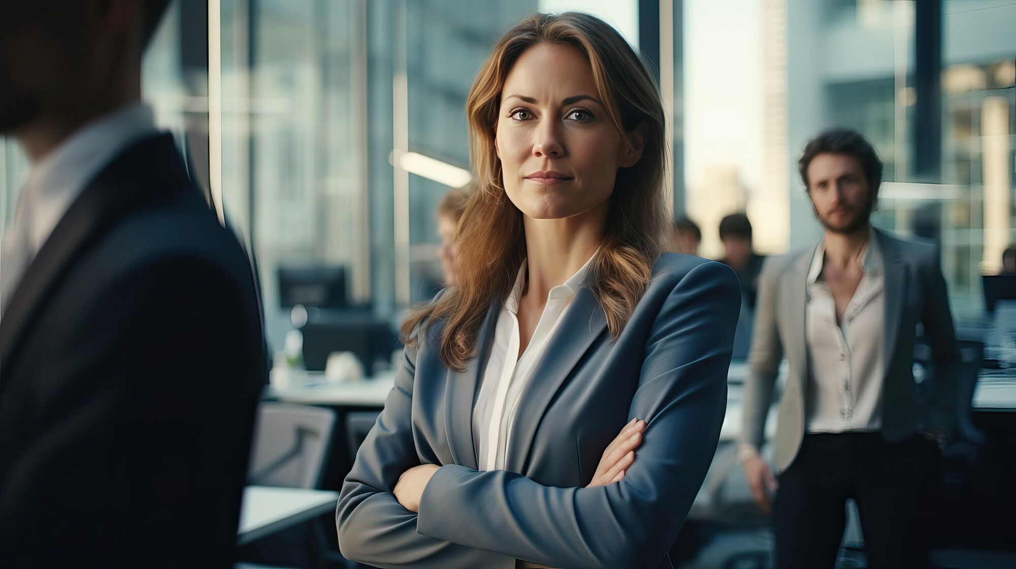 middle age of working woman and team serious mood, modern office