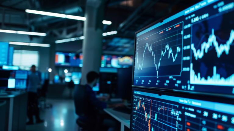 A busy trading floor with monitors displaying live stock market graphs and news tickers.