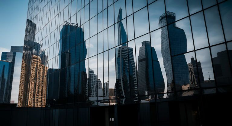 Symmetrical Skyscraper Reflections on Glass