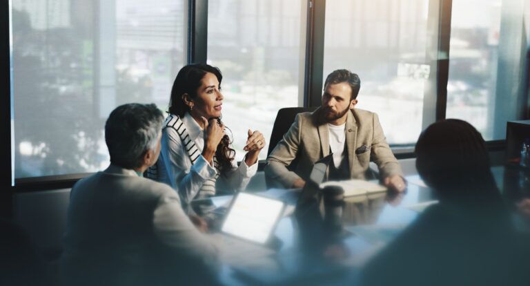 Meeting, woman and collaboration with colleagues, boardroom and discussion for stats, team and company