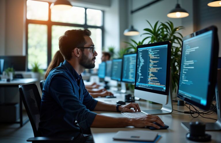 Focused developers code on computers in modern office environment. Team collaboration, innovation key in tech startup. Modern workspace fosters creativity, analytical skills